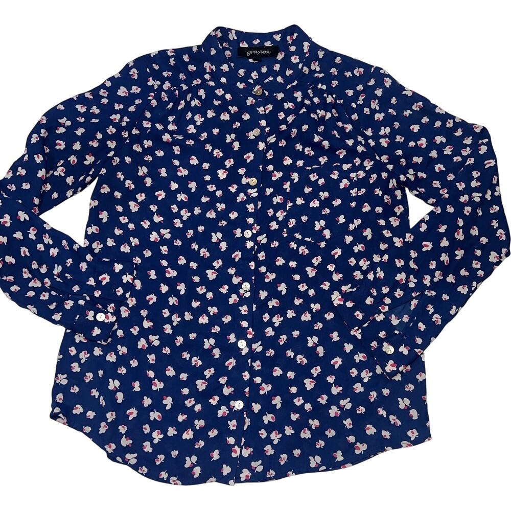 Grayson Blouse Size S Blue White Pink Floral Button Long Sleeve Shirt SMALL FLAW